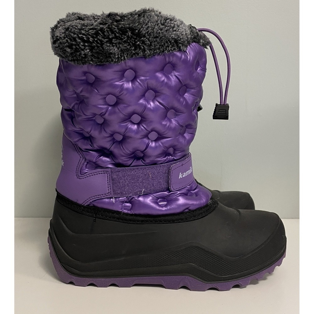 KAMIK Girls Purple Quilted Penny Snow Boots Black Rubber Bottoms Faux Fur Size 6